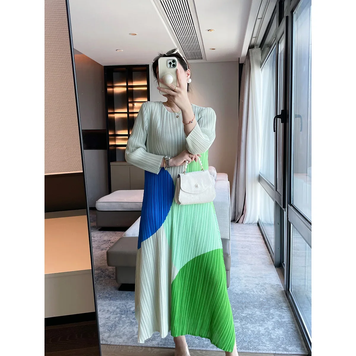 Pleats Pleated Dress 2024 New French Geometric Color Blocking Printed Long-sleeved Dress Female Temperament Thin Long Dresses