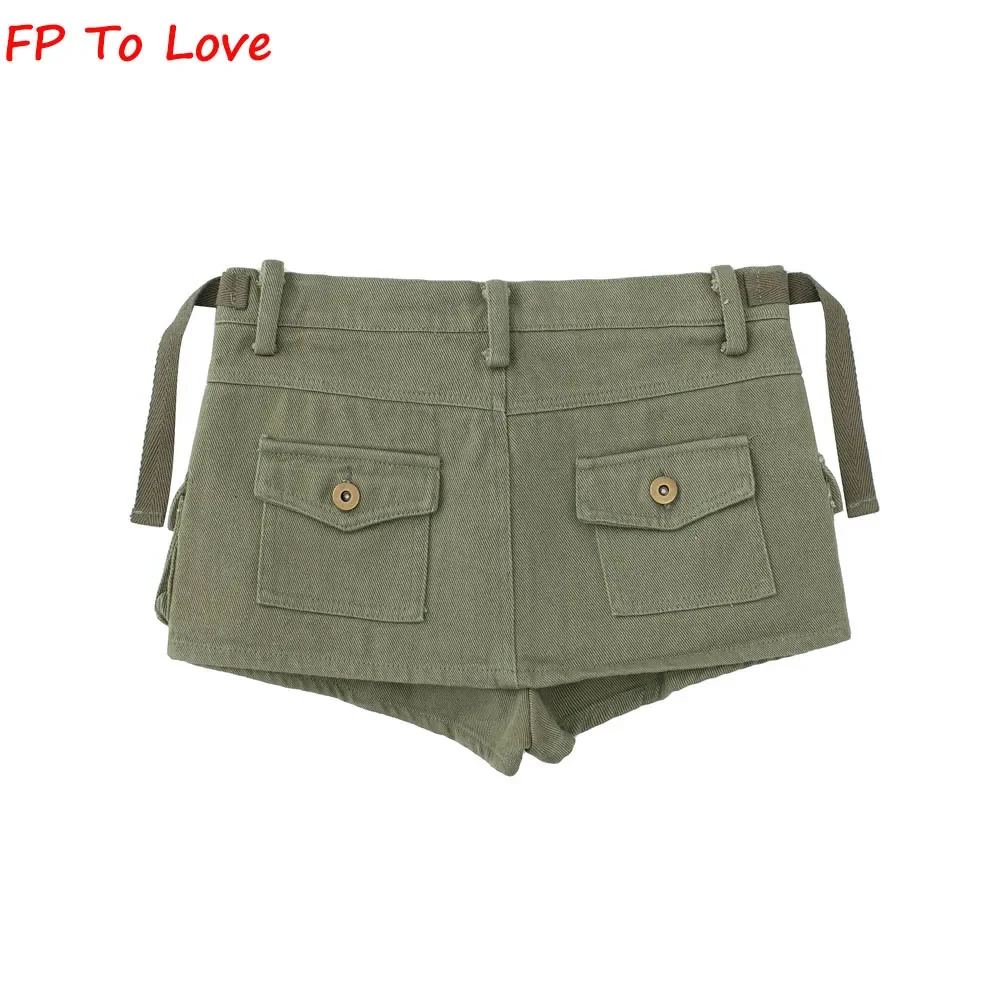 Y2K Armygreen Pocket Shorts Mini Skirts Sexy High Street Black Stylish Button Chic Bottom Woman PB&ZA Female