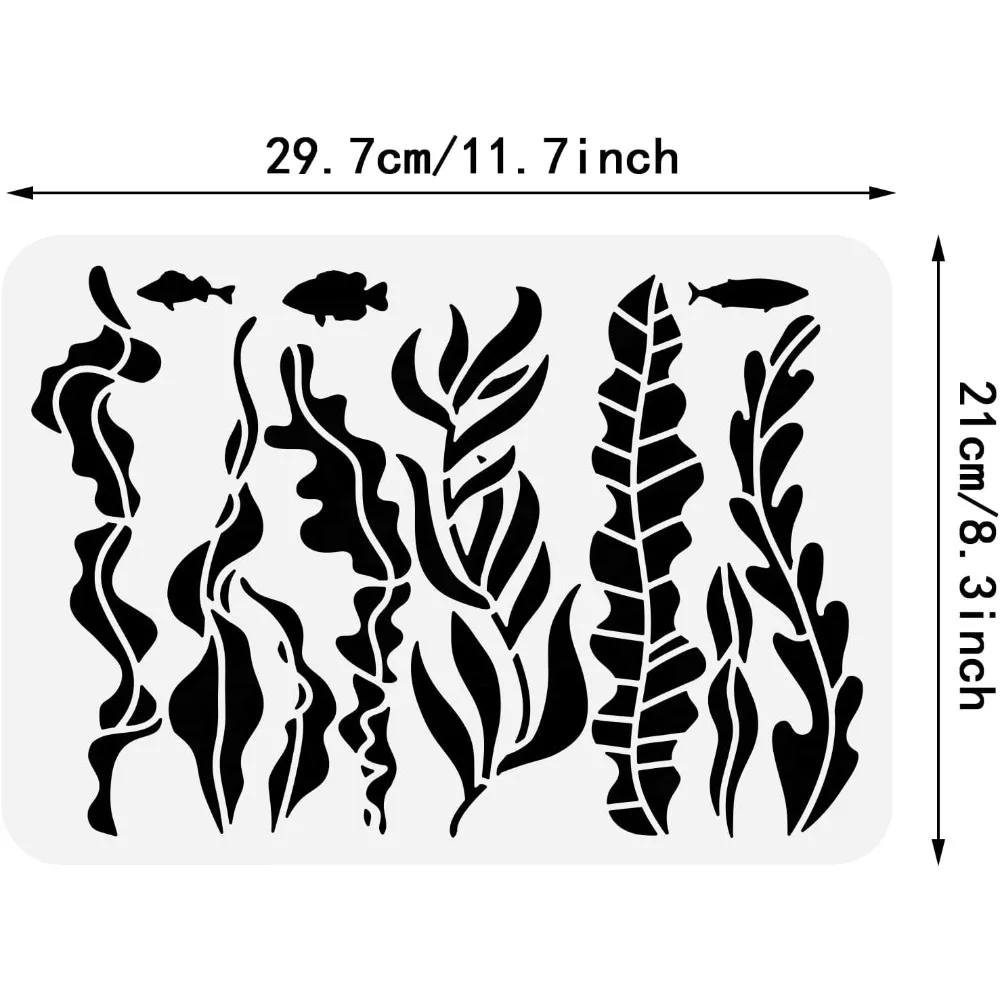 Ocean Theme Stencil 11.7x8.3inch Seaweed Sea Fish Plastic Drawing Painting Stencils Templates for Summer Painting on Scrapbook