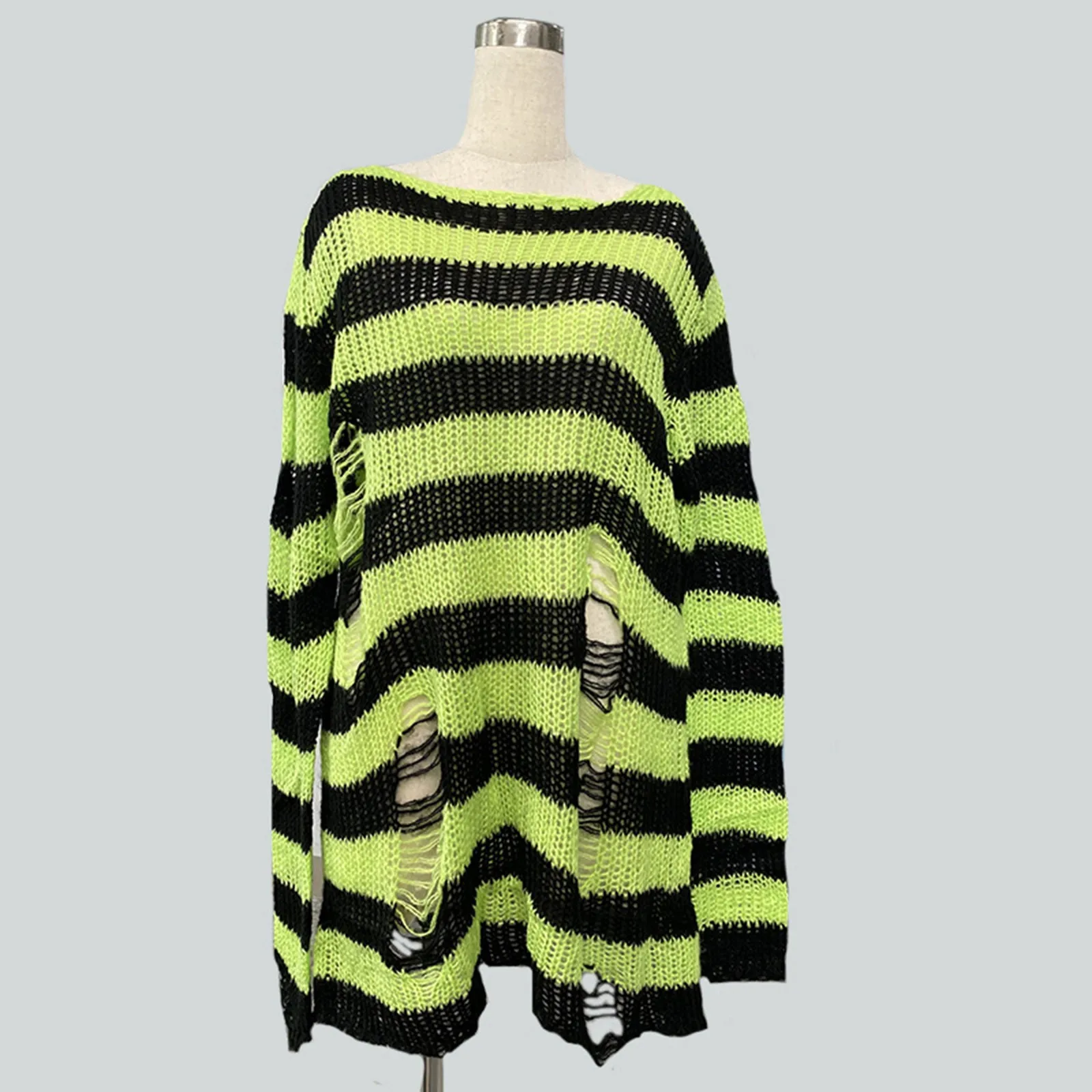 Goth Punk Gothic Sweater Oversized Pullovers Women Striped Cool Hollow Out Hole Broken Jumper Harajuku Aesthetics Sweate