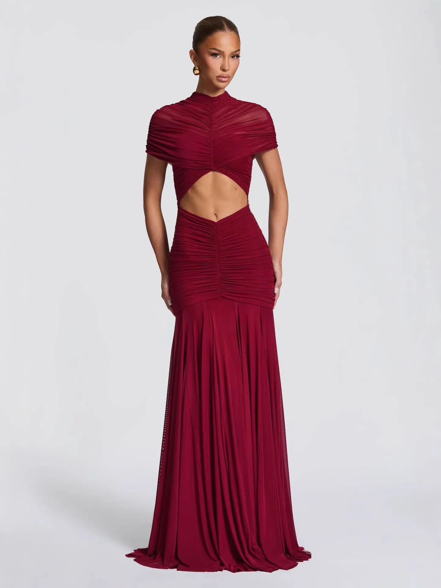 

Летнее женское элегантное платье макси с воротником-стойкой и драпировкой, однотонное, с вырезами, облегающее, длинное, для вечеринок, коллекция 2026 года