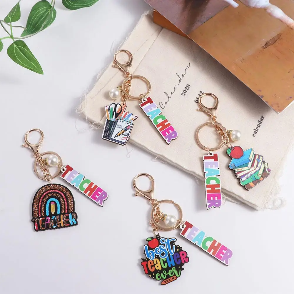 Wooden Teacher's Day Keychain English Letter Geometric Shape Text Keychain Pendant Colorful Rainbow Pen Holder Key Ring