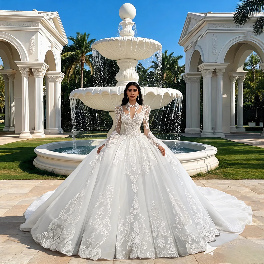 Affordable Beach Wedding Dress For Women Illusion Long Sleeve Lace Princess O-Neck Bridal Gown Customized Vestidos De Novia