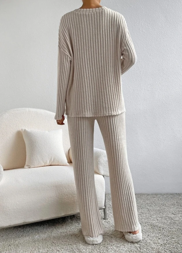 Two Piece Set Women Outfit 2023 Spring Fashion Knitted Solid V-Neck Long Sleeve Top & Casual Loose Pocket Straight Pants Set