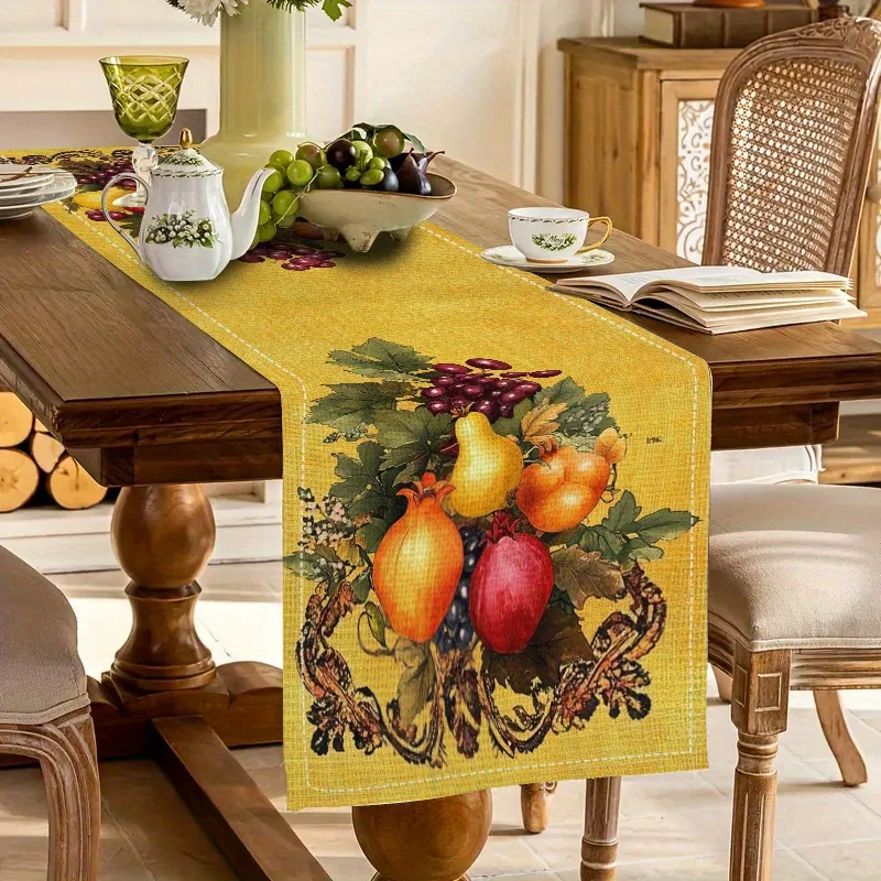 

1 Piece of Autumn Harvest-Themed Table Runner with Bright and Plump Grape, Pear, Pomegranate and Other Fruit Patterns, Paired with Emerald Green Leaves, Suitable for Restaurants, Homes, Harvest Parties, and Pastoral Markets.