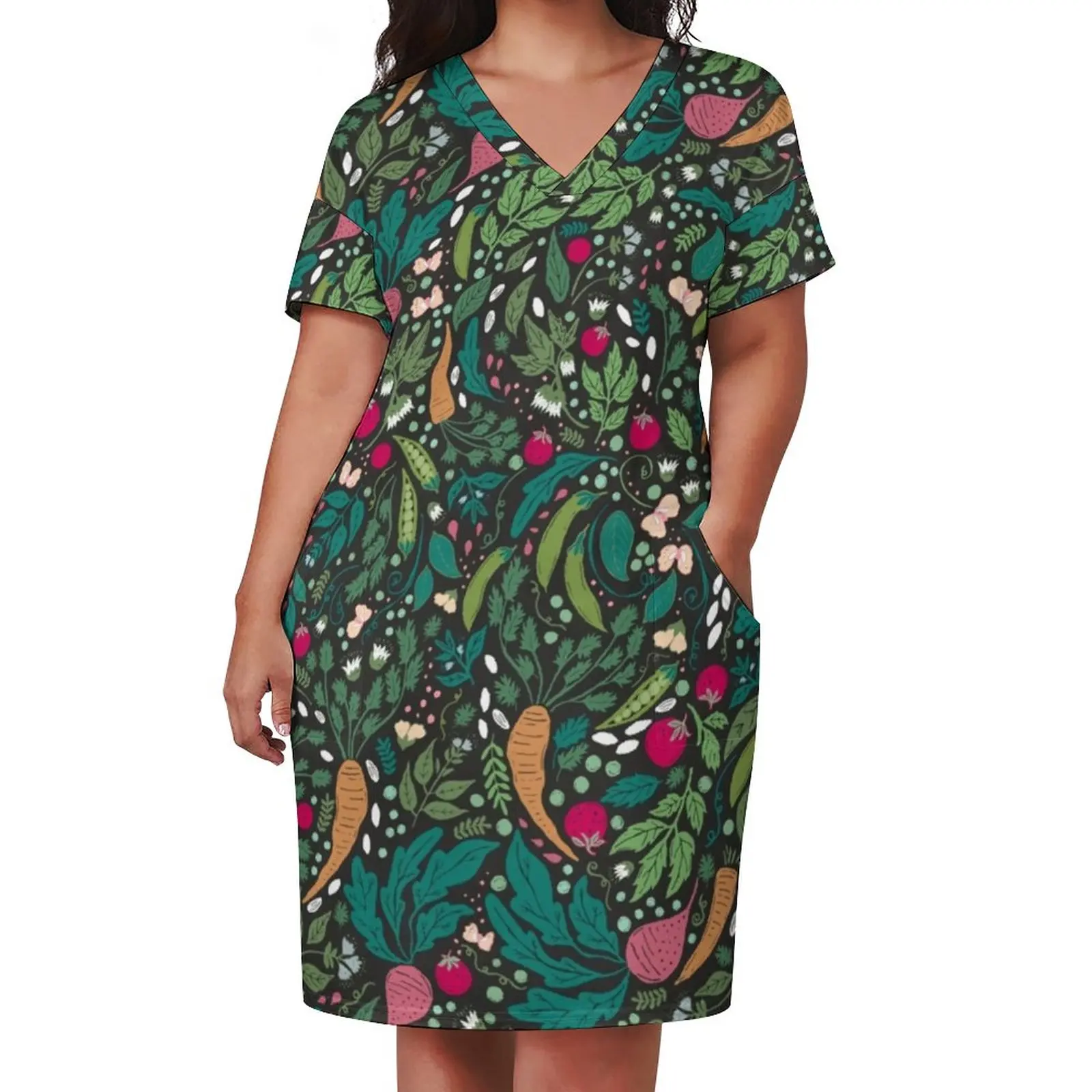 Vestido de granja a Mesa para mujer, ropa de calle informal con estampado de verduras de talla grande, vestido Vintage con cuello de pico para Primavera, Idea de regalo