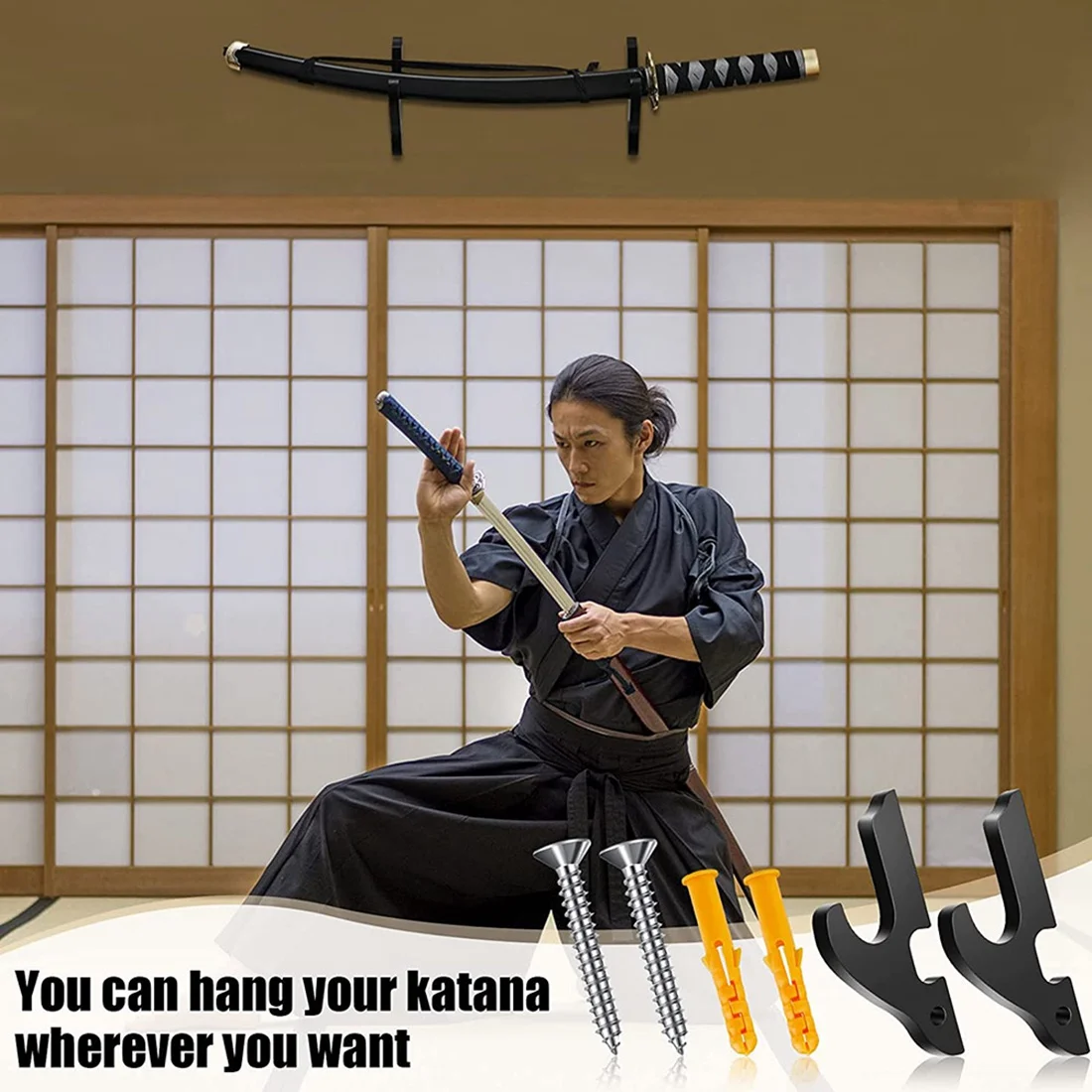 

A13E-4 Sets Sword Wall Mount Adjustable Sword Holder Wood Martial Arts Stand Samurai Wall Mount Display Supplies