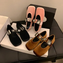 2024 Autumn Fashion Rhinestone Square Toe Mary Jane Shoes New Comfortable Elegant Loafers Flat Shoes Women Zapatos De Mujer