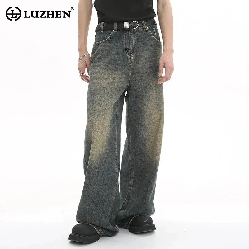 LUZHEN Old Male Pants Autumn Blue Washed Men Denim Jeans Straight Casual Menwear Loose Wide Leg Trousers 2024 New Fashion 9C354