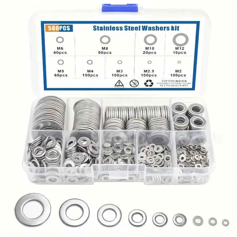 Edelstahl-Flachscheiben-Sortiment M2 M2.5 M3 M4 M5 M6 M8 M10, Hardware-Befestigungen für Heimdekoration und Industriereparatur Metallscheiben, Befestigungsteile, Schraubenzubehör, Hardware-Set, Ersatzteile, Montagekomp – Detail 10