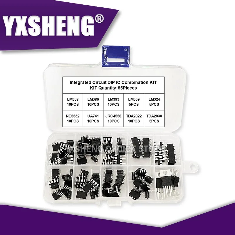 85PCS/Set Integrated Circuit DIP IC JRC4558 LM358 LM386 LM324 LM393 LM339 NE5532 UA741 TDA2030 TDA2822 Electronic Components Kit