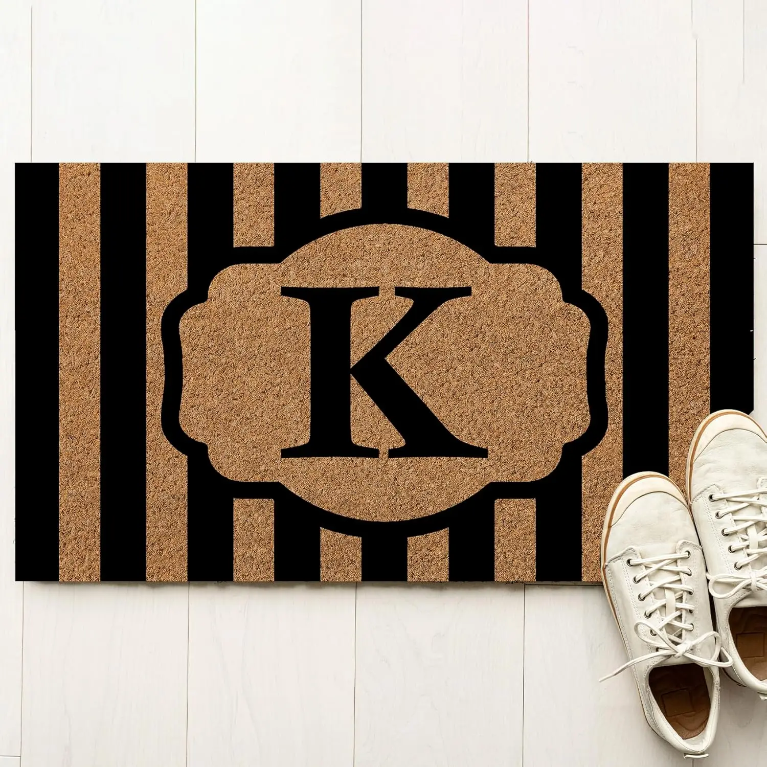

Custom Black Striped Initial Doormat Personalized Monogrammed Doormat For Front Door Mat For Indoor Outdoor Entrance Welcome Mat
