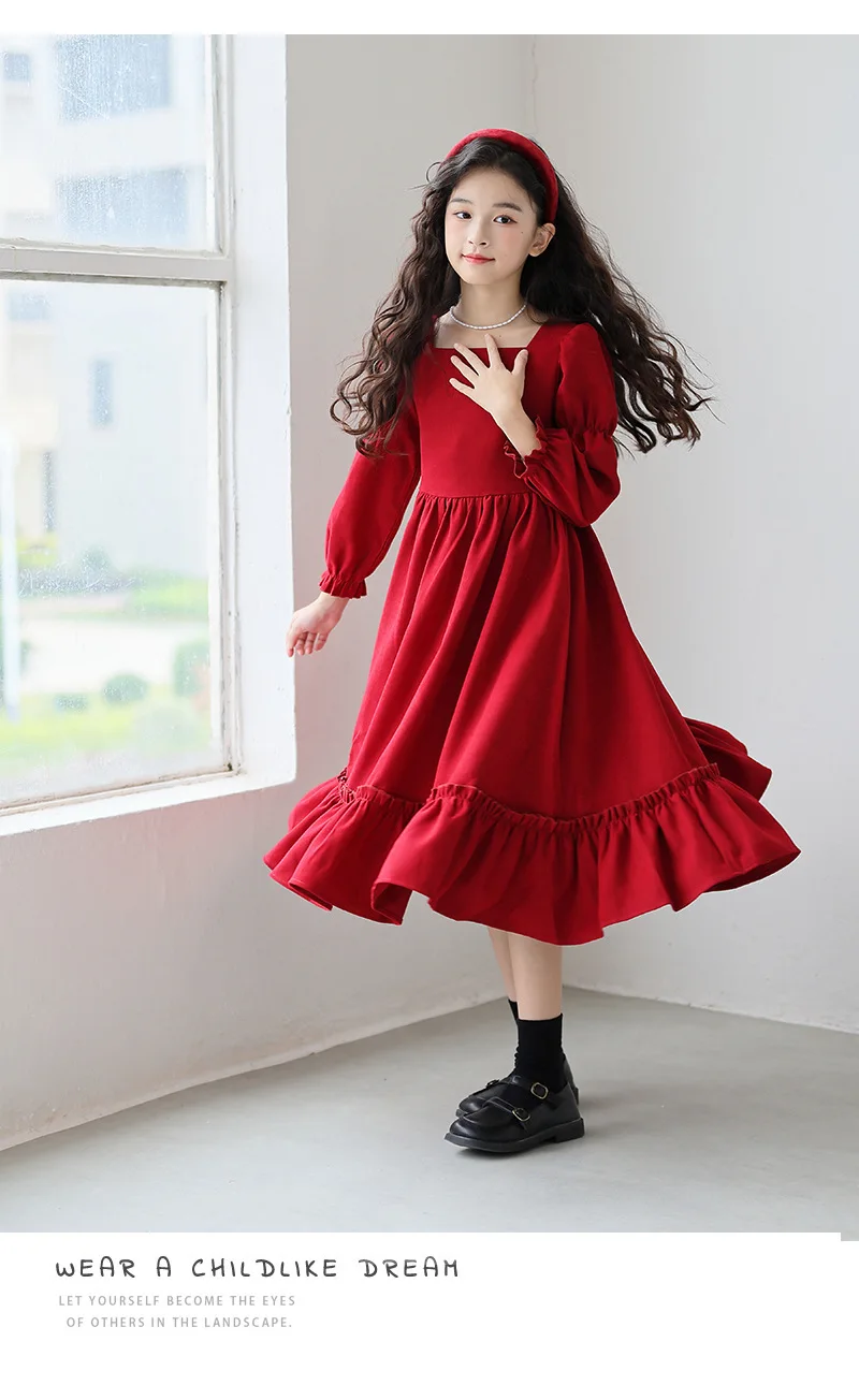 Kinder Mädchen Langarmkleider Herbst UNITIM 4-14 Jahre Kinder Mädchen Kleid mit quadratischem Kragen Rotes Kleid mit Rüschen Junior Mädchen Prinzessinnenkleider – Detail 11