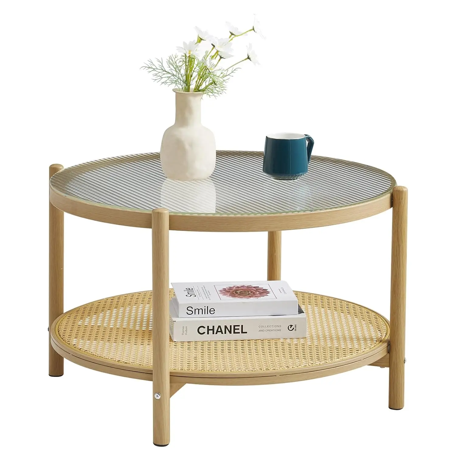 

27.5" Boho Rattan Coffee Table, Round Glass Metal Center Table, Modern Simple 2 Tier Middle Table For Small Space Living Room Be