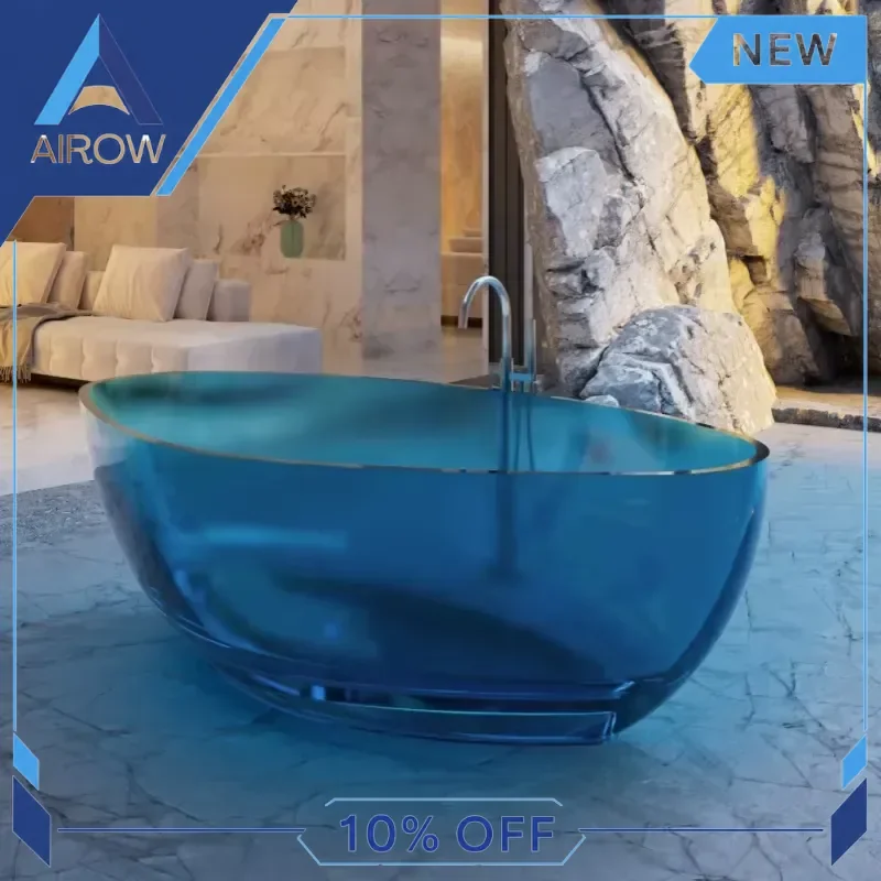 for Luxury Hotel Blue Transparent Freestanding Bathtub Modern Outdoor Oval Resin Tub Large Soaking Bath for Villa Garden Spa
