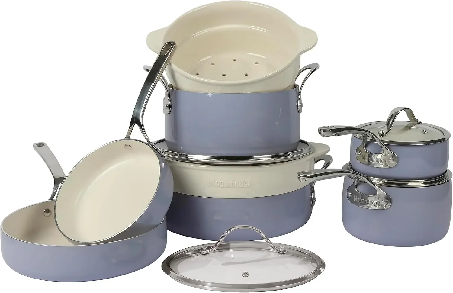 

12 Piece Aluminum Pots and Pans Cookware Set w/Non-toxic Ceramic Non-stick, Ceramic Steamer Insert, Periwinkle Blue