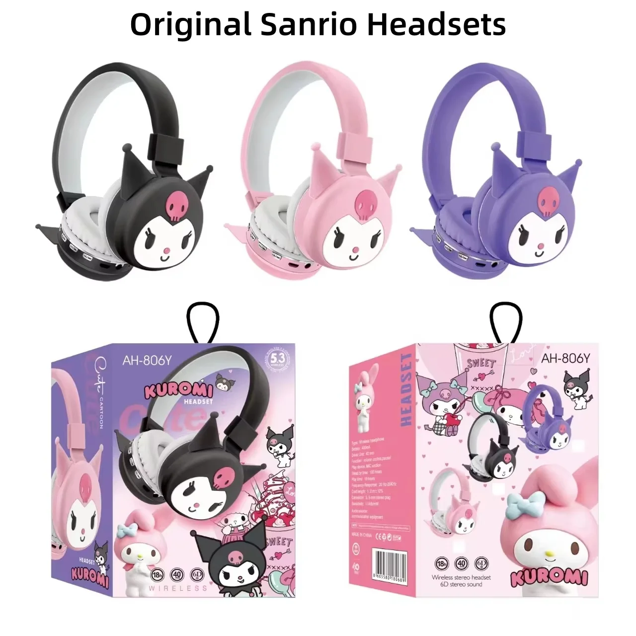 Original Sanrio Kuromi Wireless Bluetooth Headsets Cartoon with Mic Foldable Lightweight Stereo Earphone for Phones Laptop — product photo 1 of 1