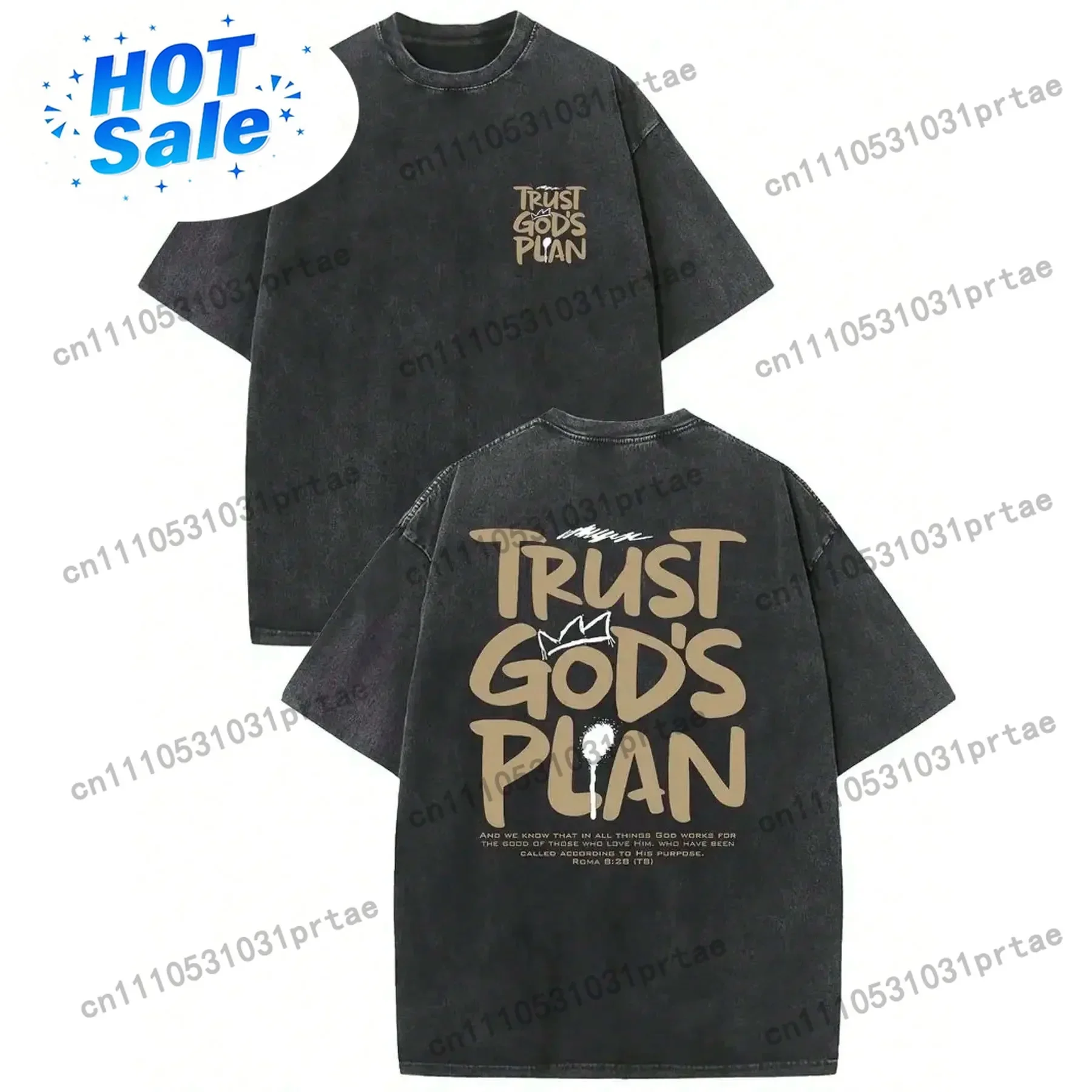 1 Piece, 230G Double-Sided Water Wash, Believe In God's Plan1 Piece, Washed Printed T-Shirt 230g, High-Quality Batik Cotton Retr