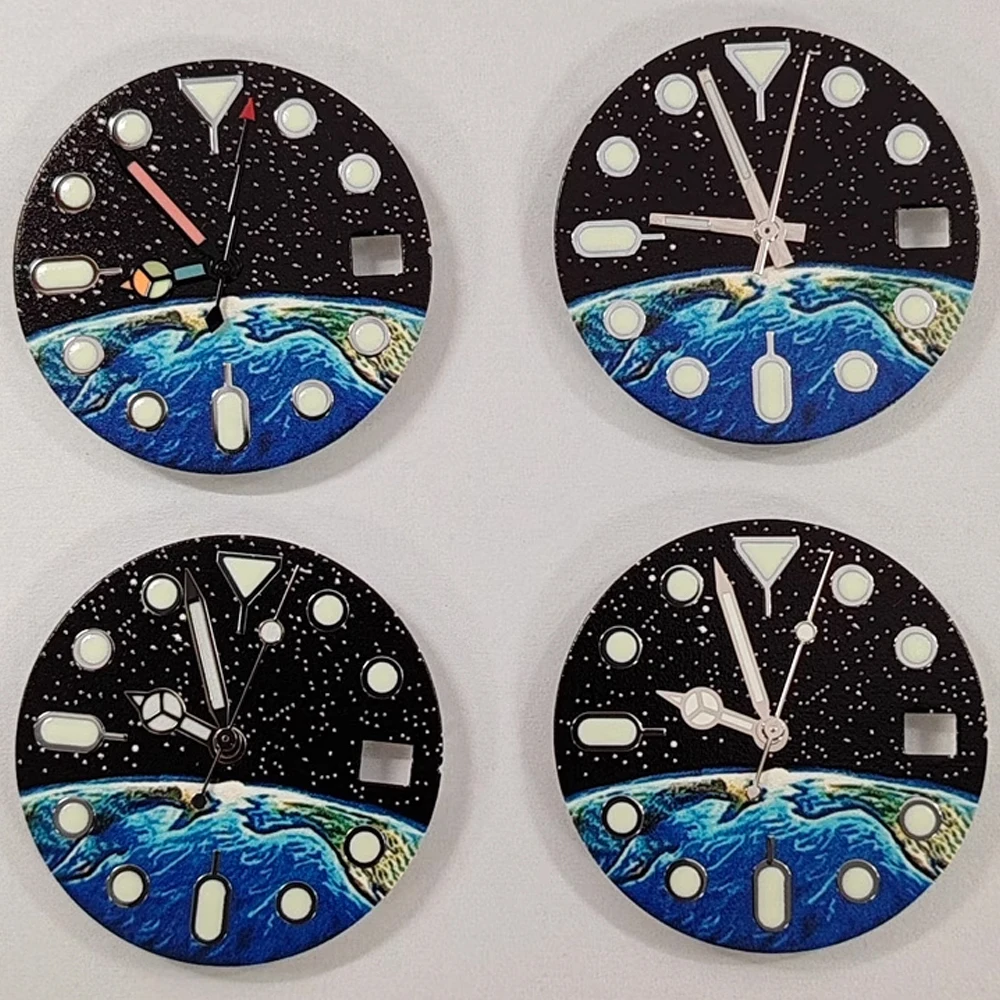 قرص NH35 28.5 ملم، وجوه ساعة بنمط السماء المرصعة بالنجوم الأرضية الخضراء المضيئة + عقارب الساعة، لساعة الحركة NH35 NH36 4R 7S