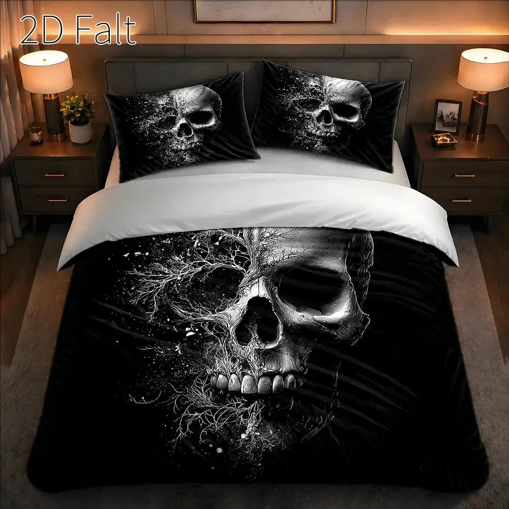 2D Flat Printing Three-Piece Bedding Set with Pillowcase and Duvet Cover, Skull and Reborn Tree Root Theme, High Contrast Black and White Illustration Style, Halloween/Gothic Aesthetic Ultra-Soft Printed Duvet Cover Set 3 Pieces Bedding Set Quilt Cover