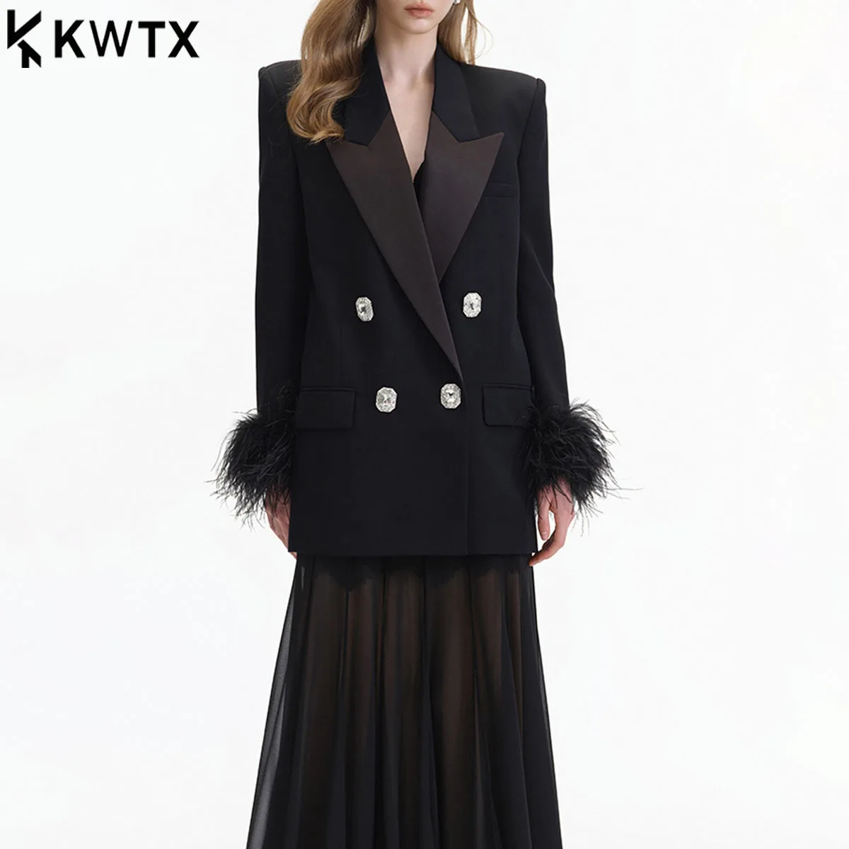 

KWTX 2025 Solid Spliced Feathers Elegant Blazers for Women Lapel Long Sleeves Patchwork Diamond Buttons Blazer Female Fashion
