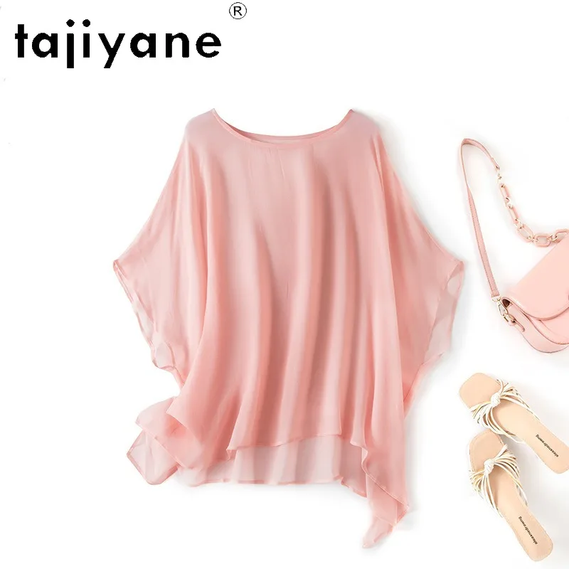 TAJIYANE 100% Mulberry Silk Women T Shirts Elegant T Shirt Solid Loose Sun Protection Cape Summer Tops for Woman Clothes 2026