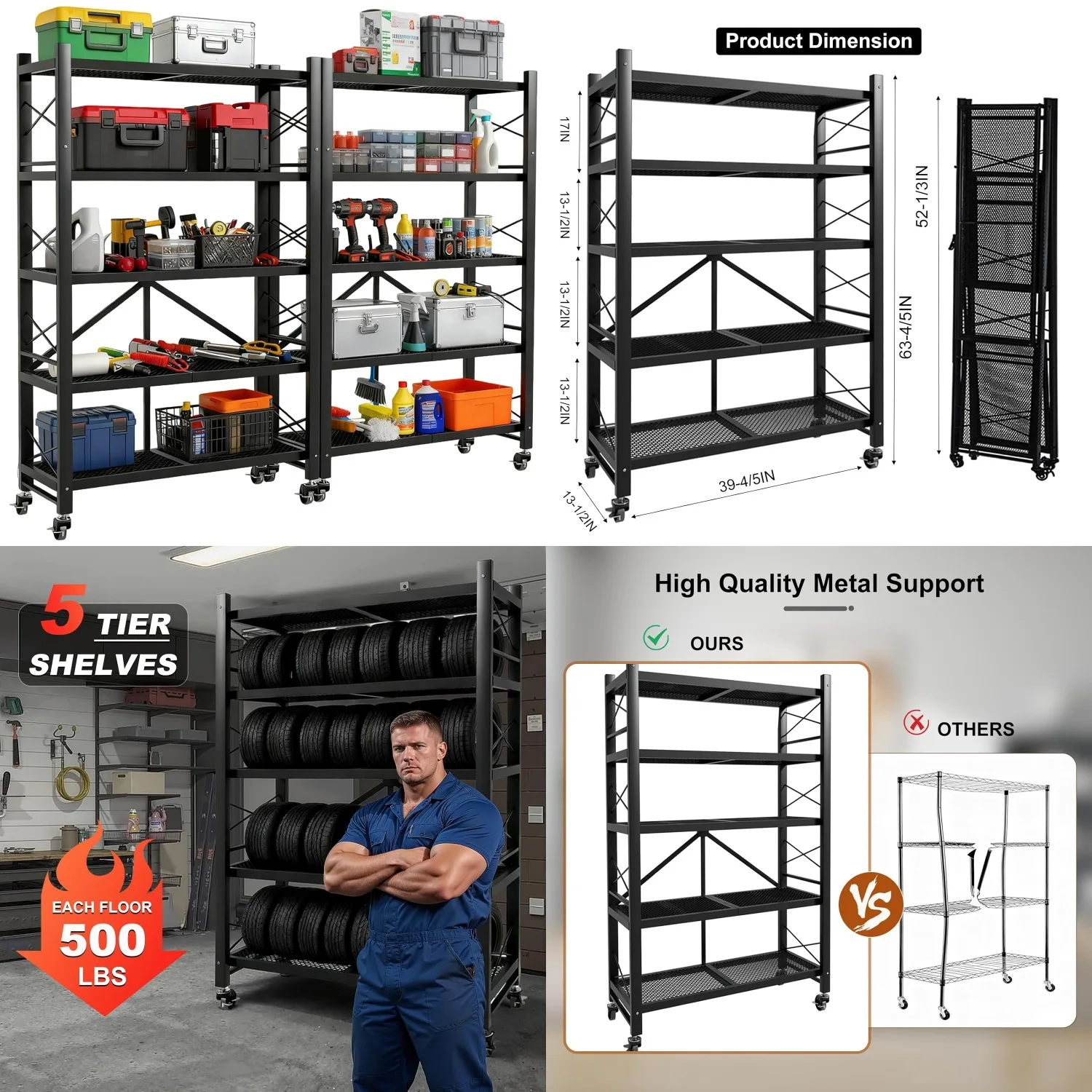 

5 Tier Foldable Metal Storage Shelves with Wheels Collapsible Heavy Duty Garage Kitchen Shelf 1250lbs 2Set, Customized