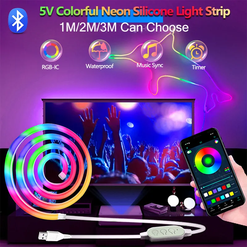 Bluetooth Neon LED Strip Lights 5V Waterproof RGBIC Neon Rope Lights with Music Sync Dreamcolor Chasing Strip Tape for Room