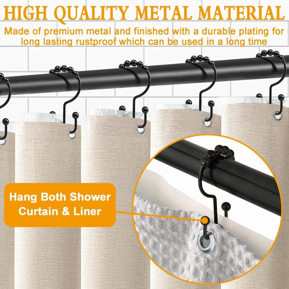 Shower Curtain Hooks, 12 Pcs Rustproof Metal Shower Curtain Rings,Free Sliding Double Shower Hooks for Shower Curtain & Liners, Shower Curtain Hangers for Bathroom Shower Curtain Rods Curtains (Black) view 2