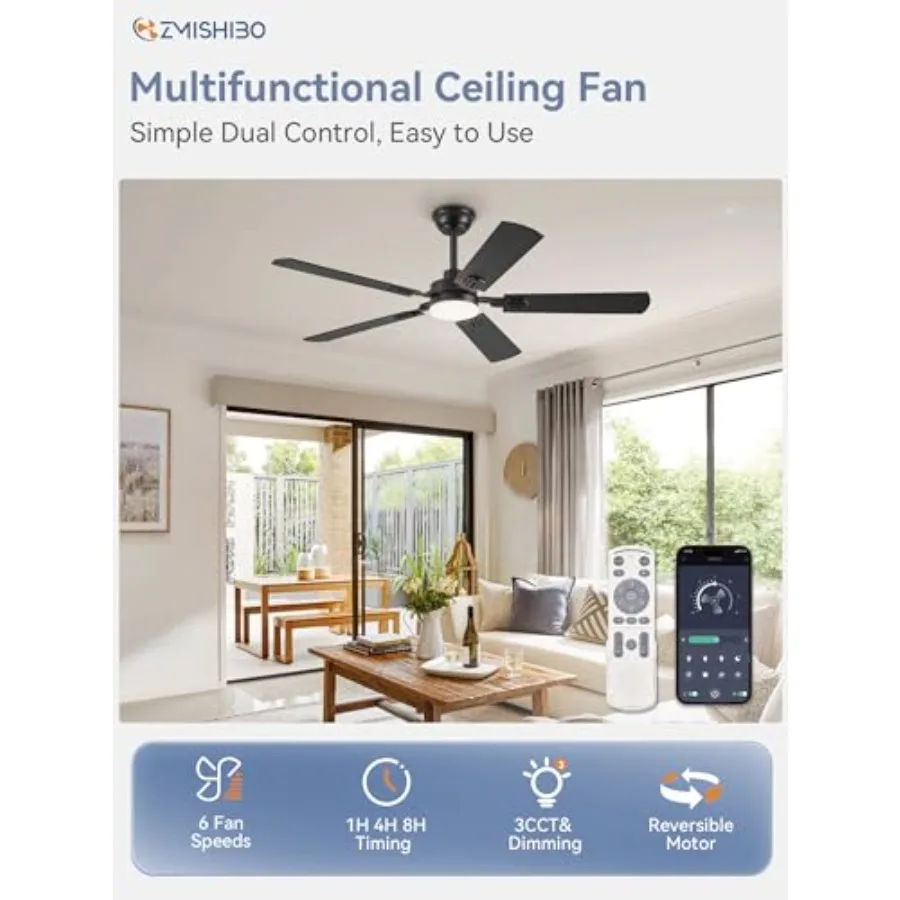 Indoor farmhouse ceiling fan with lights: black metal, dual-finish blades, quiet strong motor, 24W dimmable LED, remote app con