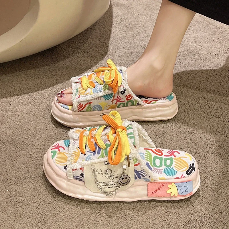 Fashion Design Summer Women Graffiti Slippers Platform Shoes Mules Flip Flops Street Sandals Clogs Flat Casual Shoes For Female