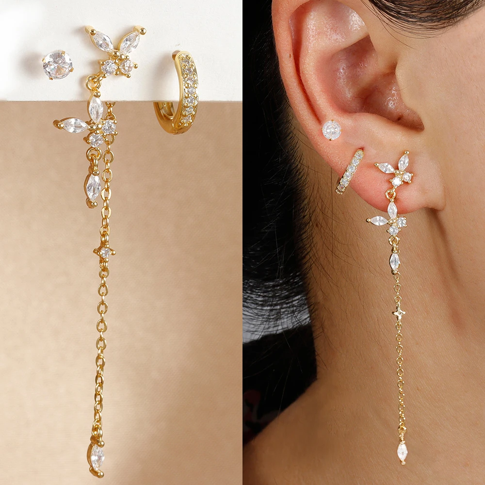 3PCS Stainless Steel Cartilage Helix Tragus Hoop Earrings Set For Women Butterfly Zircon Tassel Chain Earrings Piercing Jewelry