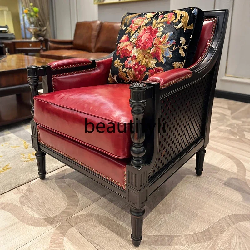 American solid wood living room sofa chair neoclassical leather tiger chair small apartment multi-functional sofa