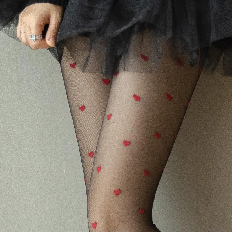 

Exquisite Red Heart Print Silk Stockings Sweet Girl Christmas Gifts Nylon Tights Women Sexy Nightclub Alluring Hosiery Pantyhose