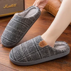 Home Slipper Male Men  Plus Large Size Thermal Winter Warm Fuzzy Fur Contton Plush Non Slip Plaid Indoor Lazy House Shoe Flat