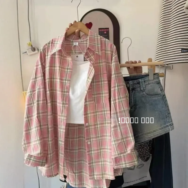 

Pink Plaid Pure Cotton irt Women's Lazy Sle Casual Luxury Outerwear Sun Protection Long Sve Top Layering irt