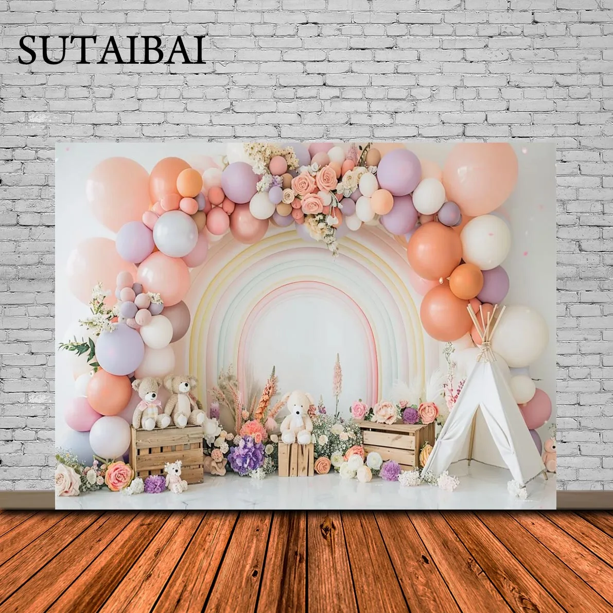 

Photography Backdrop Rainbow Balloon Flower Decor for Princess Newborn Birthday Party Toy Bear Camping Tent Background