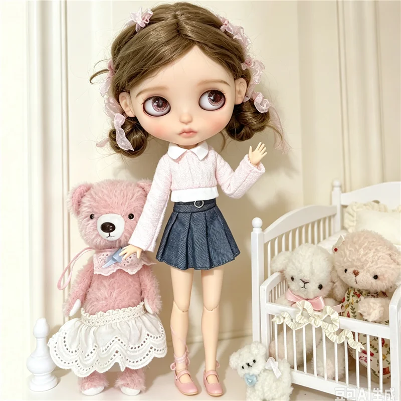 For Blythe Doll Outfit Clothes Luxury Checkered Coat Dress Set Sweet Princess Bowknot Skirt Clothing For Barbies OB24 Small 1/6