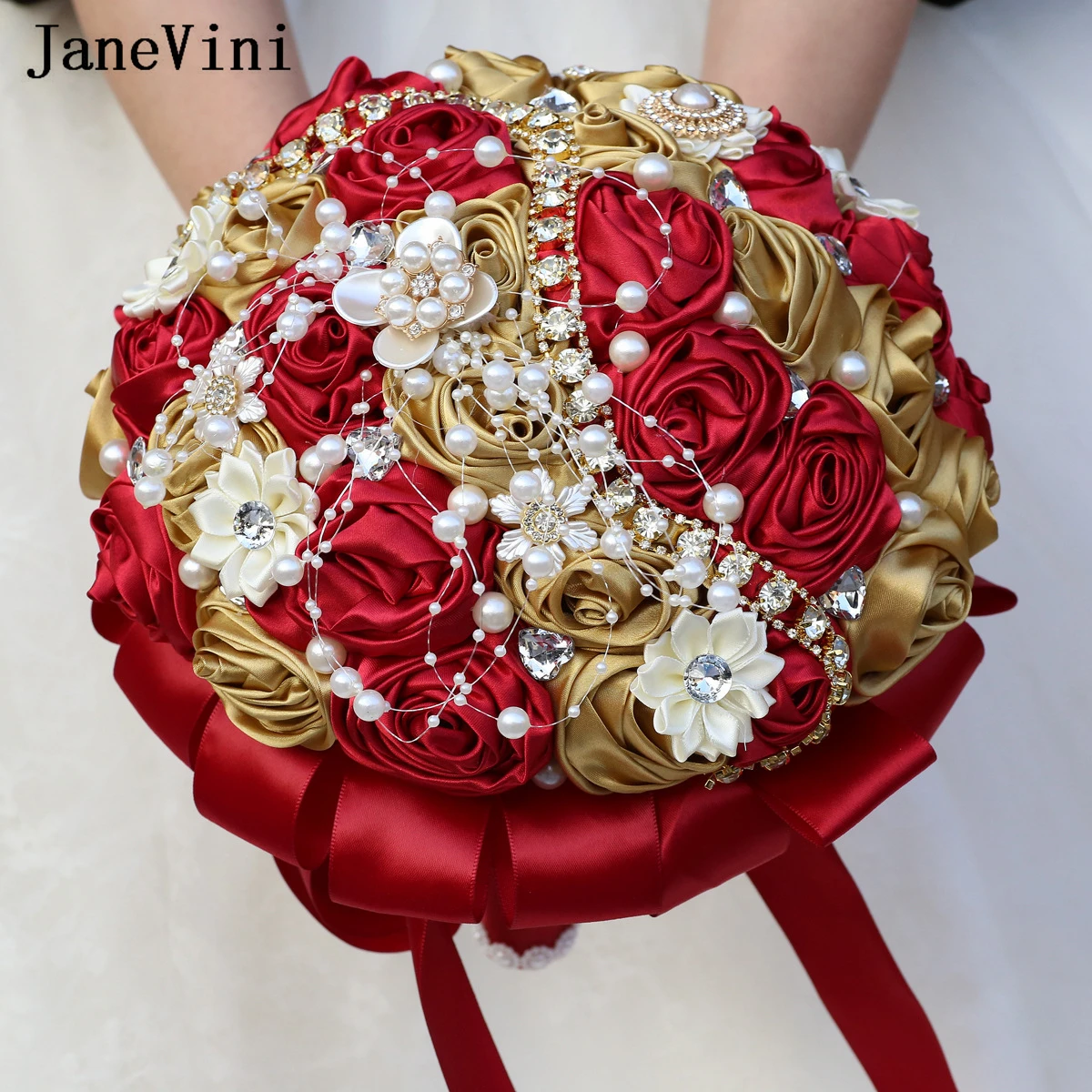 JaneVini Vintage European Style Bridal Bouquets Crystal Pearls Burgundy Gold Artificial Rose Bride Hand Flower Wedding Bouquet