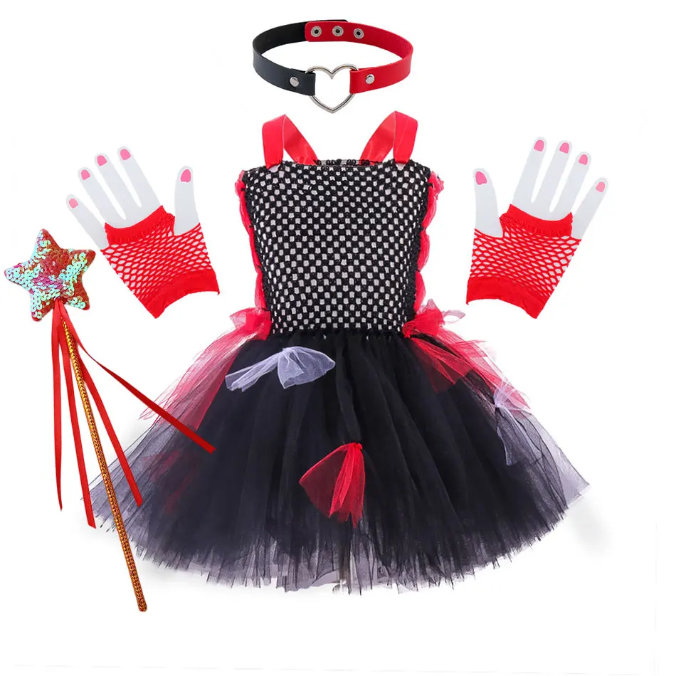 

Girls Vampire Cosplay Dress Tutu Black Dresses Children Halloween Outfit with Glove and Collar Carnival Clothes for Kid Girl