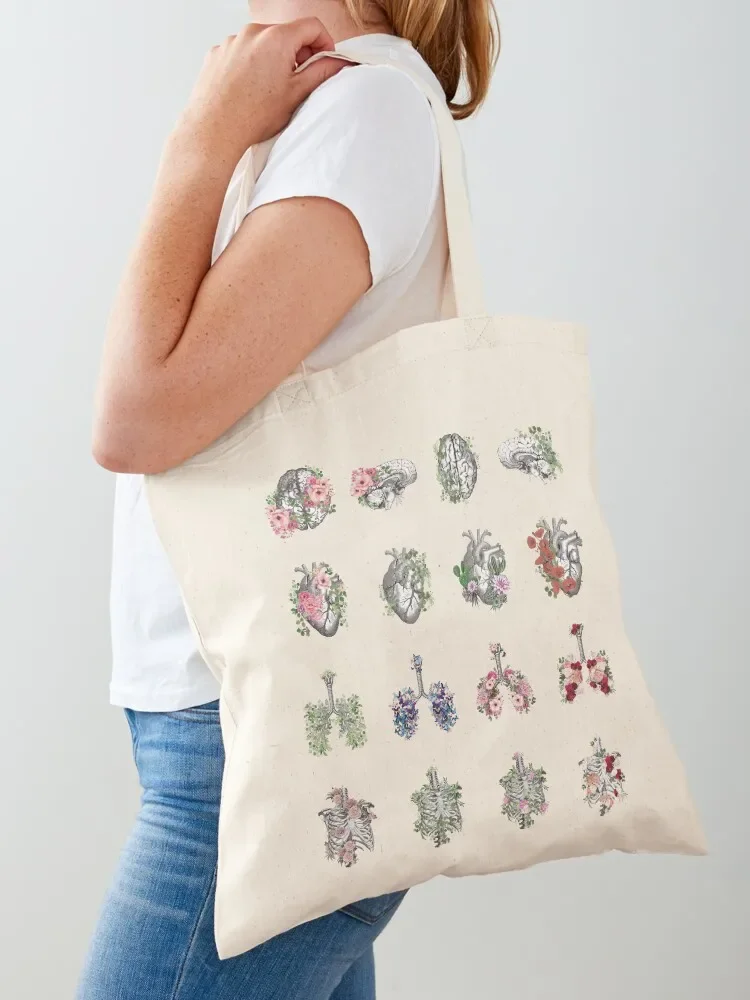 Anatomy collection, Floral Human anatomy, parts of human anatomy, heart, brain, lungs, rib cage with floral decoartive Tote Bag