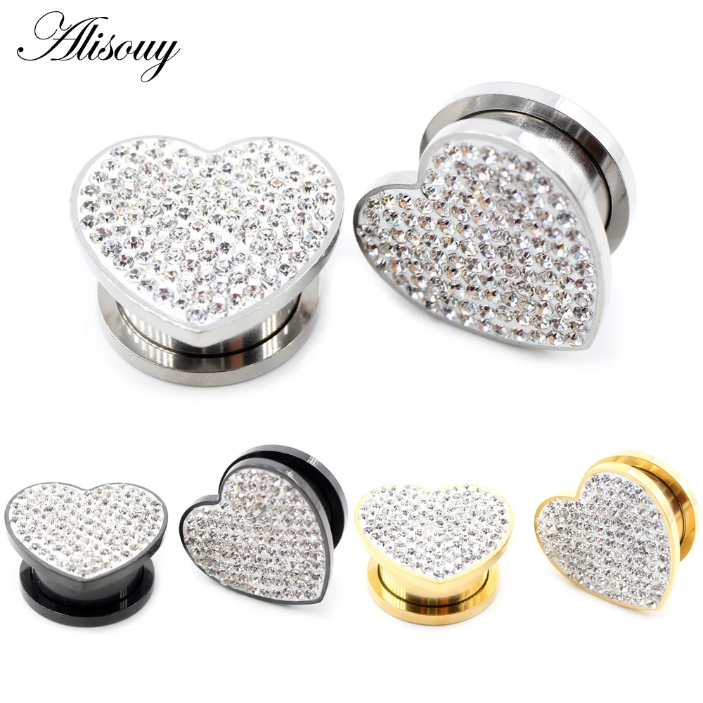 Alisouy 2pcs 8-16mm Stainless Steel Love Heart Zircon Crystal Ear Tunnel Plugs Expanders Stretchers Gauges Piercing Body Jewelry