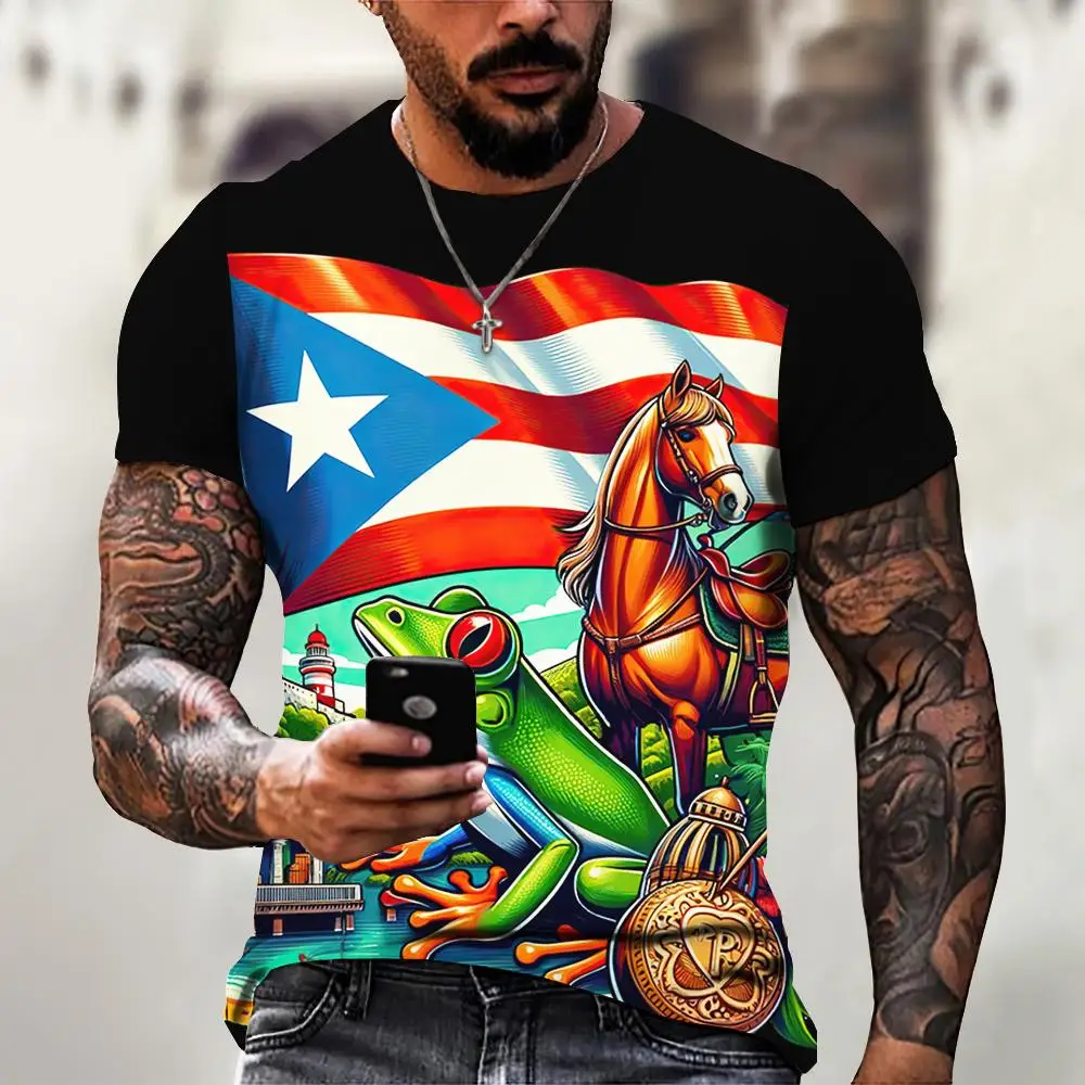 2024 Puerto Rico Flag Pattern Print Venezuela T-Shirt Summer Fashion Short Sleeve Top Oversized Men T-Shirt Fashion Men Clothing