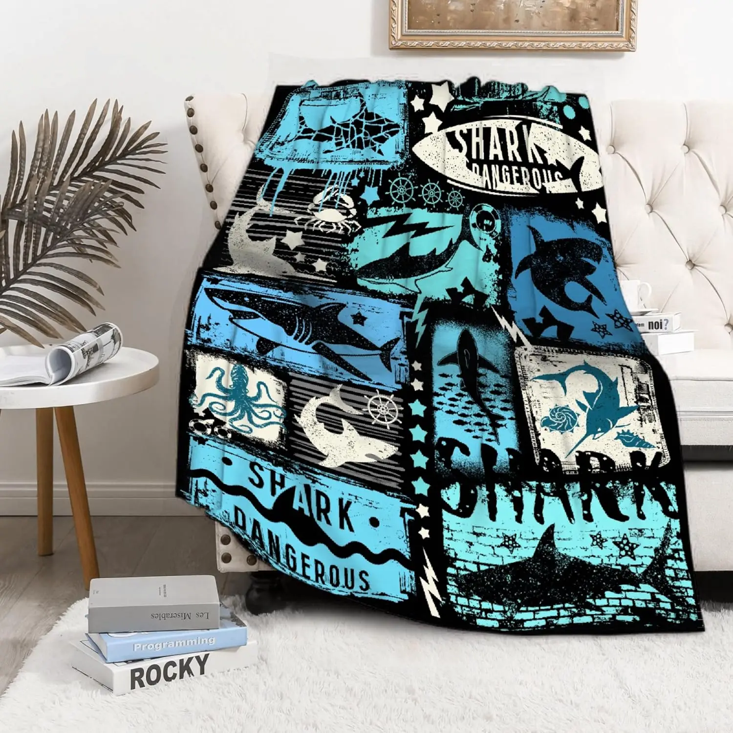Funny Graffiti Shark Throw Blanket Oceanic Animal Art Unique Gift Home Bedroom Living Room Decorative Accessory