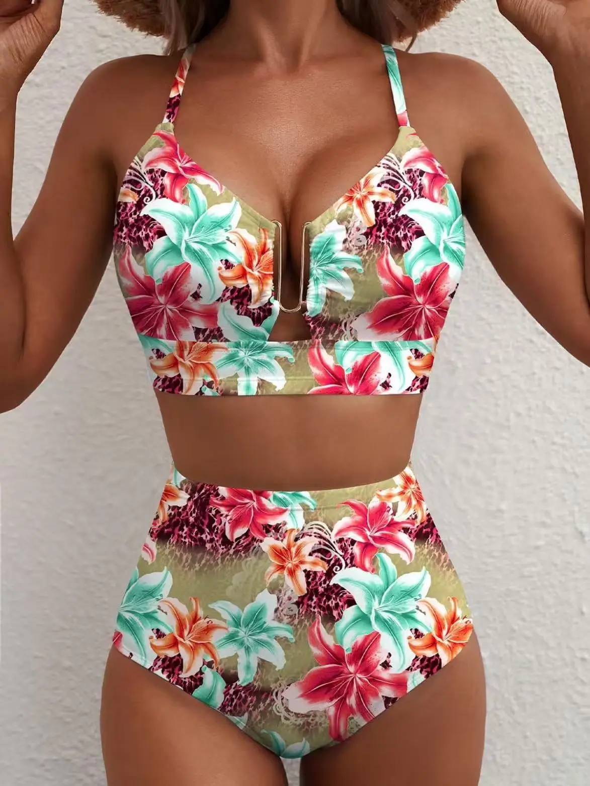 2026 Women Sexy Floral Bikini High Waist Tummy Control Floral Bikini U Line Cross Back Padded Bikini Two Piece Beach Swimsuit