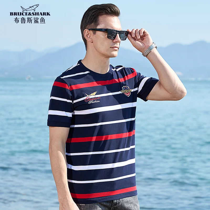 2023 New Summer Men's T Shirt Round Short Bruce&Shark Loose Fashion Causal Men's Tees comfortable cotton big size 4XL striped