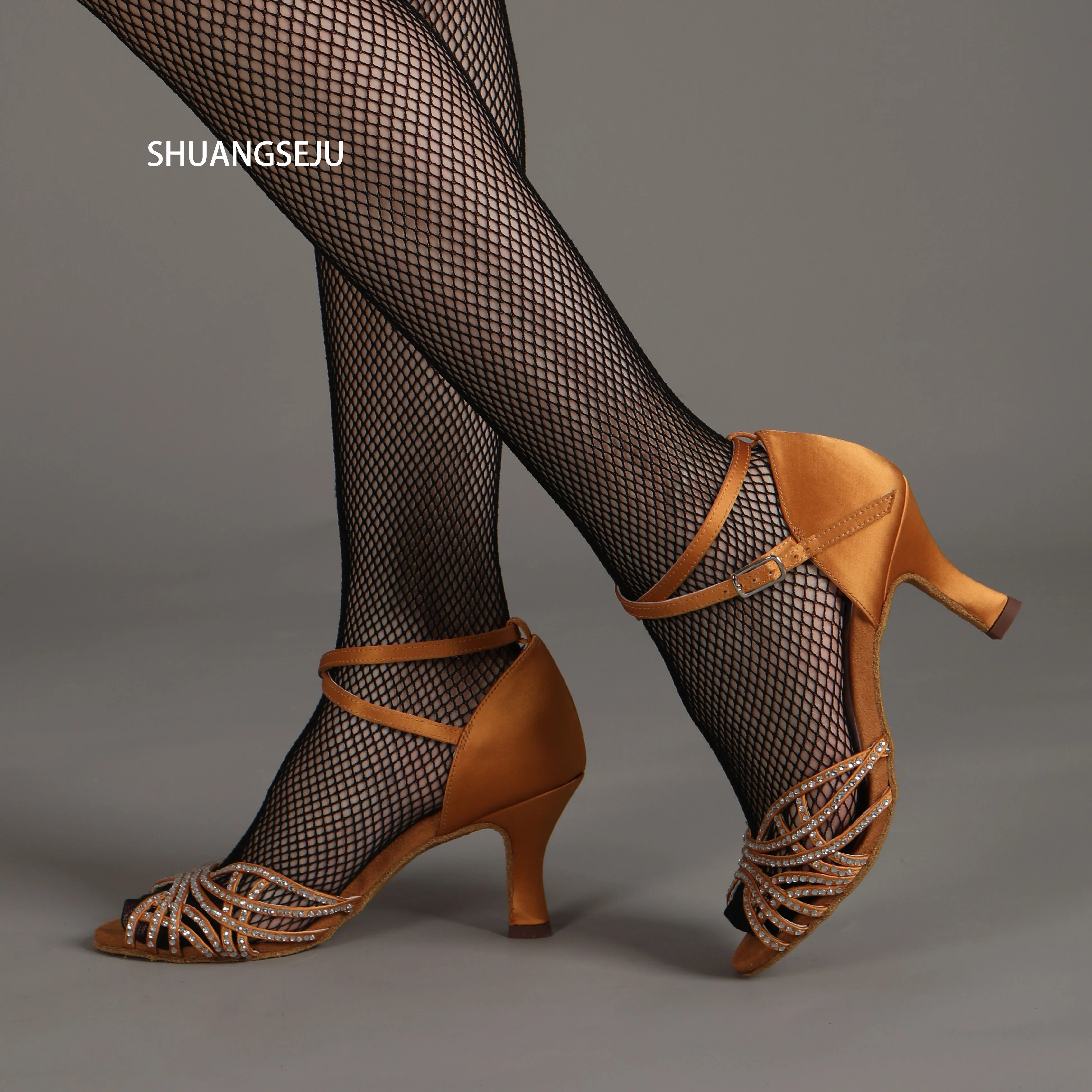 SHUANGSEJU High-quality satin bronze Latin dance shoes, professional Latin American national standard salsa bachata dance shoes