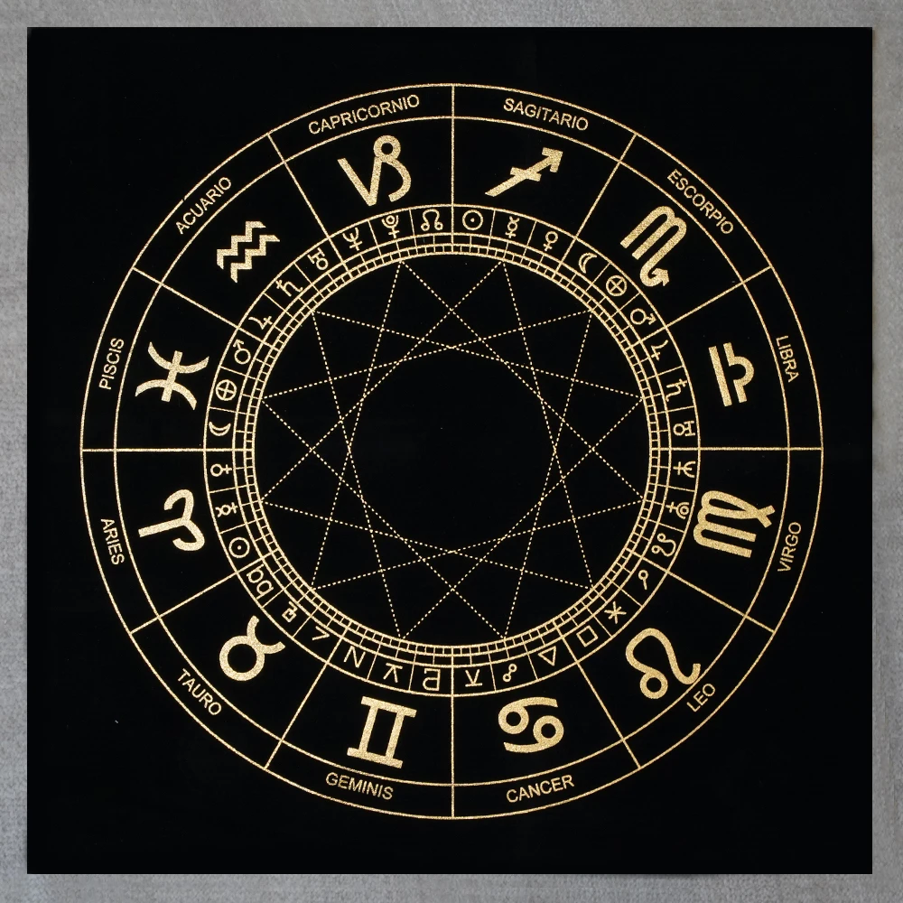 Zodiac Wheel Astrology Altar Cloth Black Gold Horoscope Divination Mat Celestial Signs Tarot Tablecloth Mystic Esoteric Ritual D