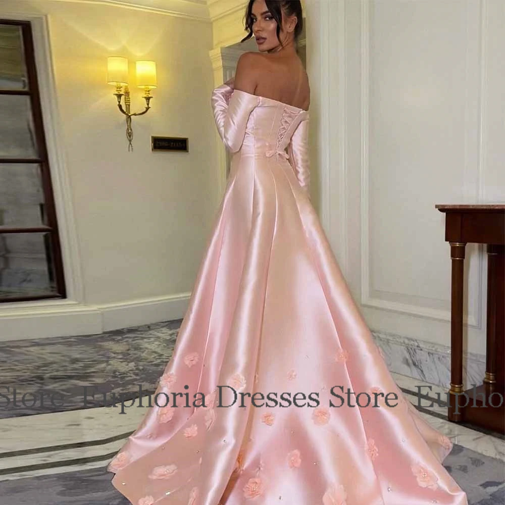 Verträumte, maßgeschneiderte Anlasskleider aus Satin, A-Linie, Geburtstagskleid, rosa, schulterfreies Ballkleid mit Applikationen und Perlen und Rüschen für Damen