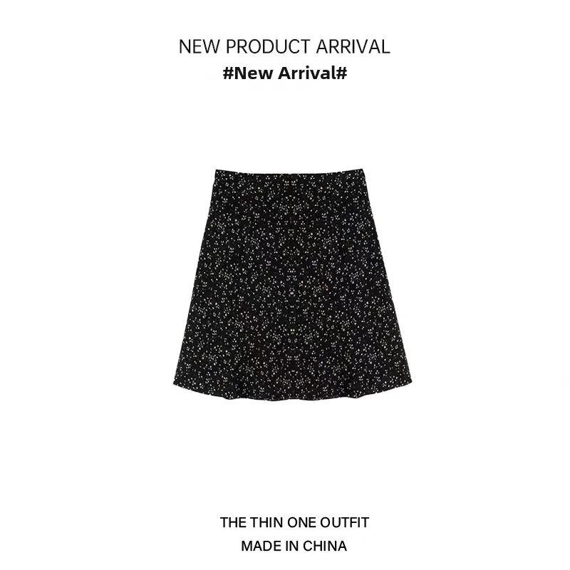 

Korean Sweet Black A-Line Skirt Women's Summer New Small Size High O Waist Slimming Floral Print Skirts Casual Style